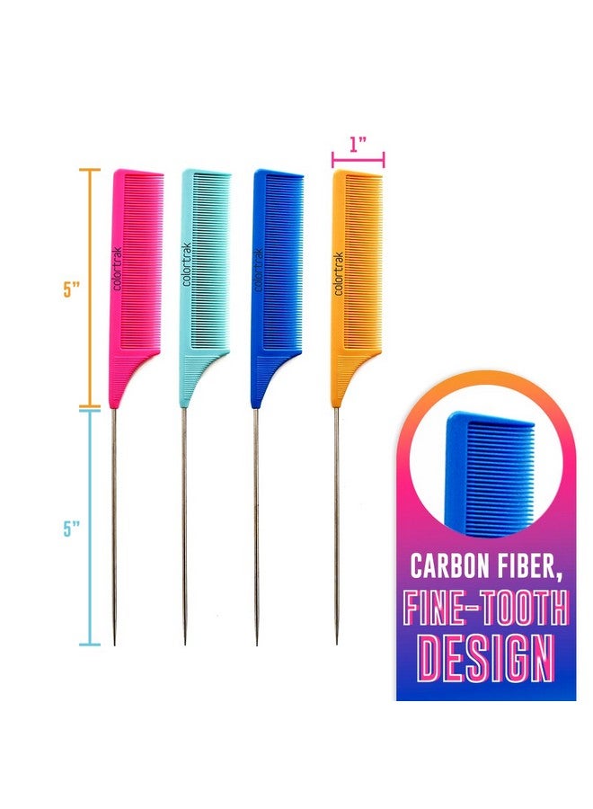 Colortrak Carbon Fiber Combs, Durable, Heat-Proof Comb, Anti-Static To Prevent Frizz, Bleach Safe Stainless Steel Pintail, 4Pc Bag (Orange, Teal, Blue, Pink) - Image 3