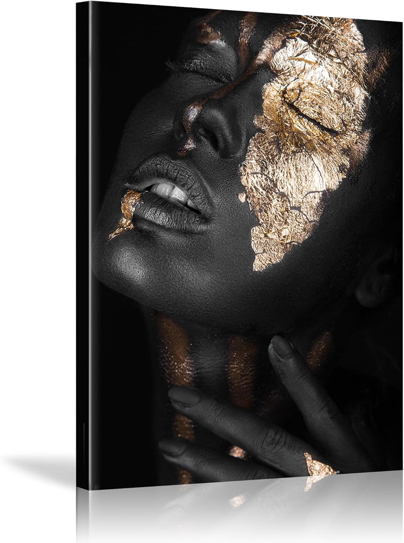 HYFBH Black Girl Wall Art Canvas Print Framed Abstract Gold and Black Woman African American Paintings for Living Room Bedroom Black Art Wall Decor Pictures Artworks 12”x16” - Image 1