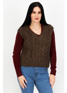 oysho Women V-Neck Knitted Vest Sweaters, Brown  - Image 1