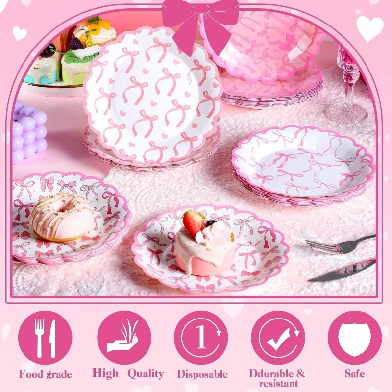 Jingmore 100 Pcs Bow Paper Plates 7'' Scalloped Bowknot Disposable Paper Plate Coquette Bow Dessert Set for Girl Bachelorette Engagement Bridal Baby Shower Birthday Table Decor(Pink) - Image 2