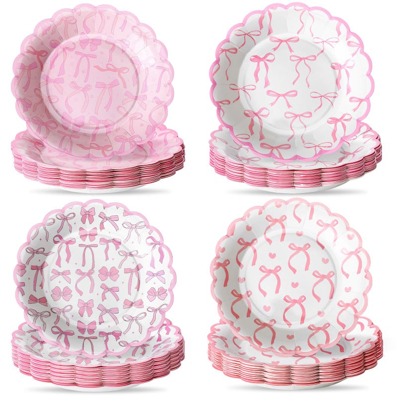 Jingmore 100 Pcs Bow Paper Plates 7'' Scalloped Bowknot Disposable Paper Plate Coquette Bow Dessert Set for Girl Bachelorette Engagement Bridal Baby Shower Birthday Table Decor(Pink) - Image 1