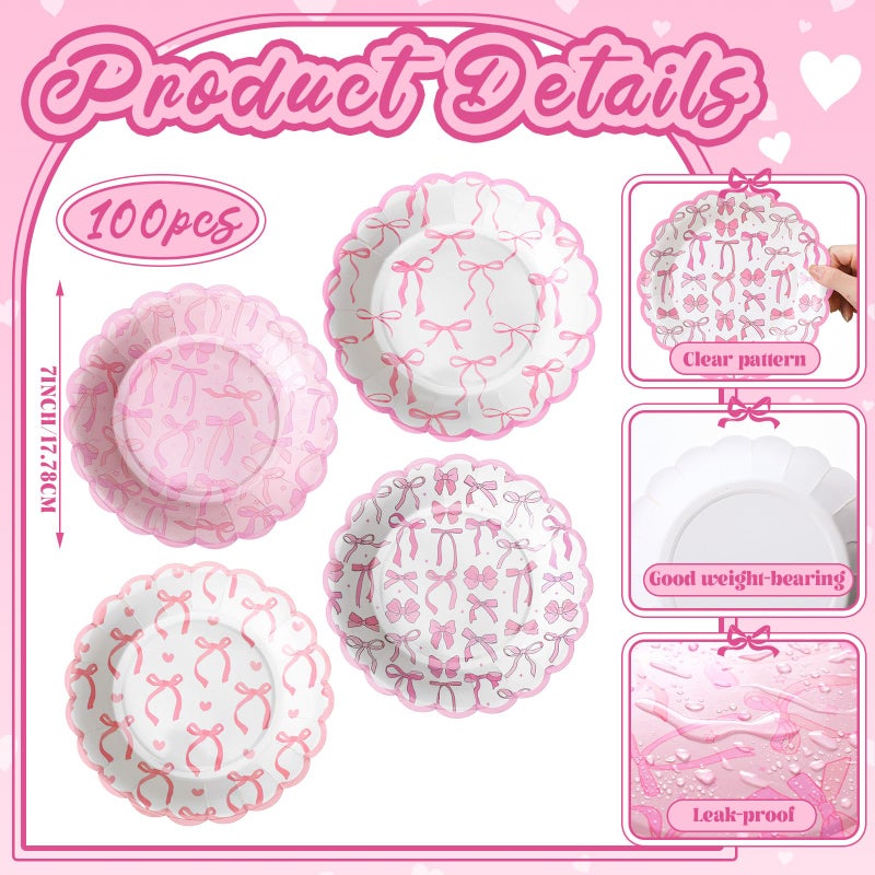 Jingmore 100 Pcs Bow Paper Plates 7'' Scalloped Bowknot Disposable Paper Plate Coquette Bow Dessert Set for Girl Bachelorette Engagement Bridal Baby Shower Birthday Table Decor(Pink) - Image 4