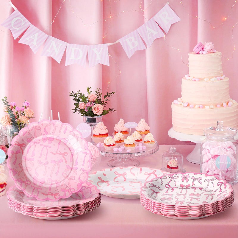 Jingmore 100 Pcs Bow Paper Plates 7'' Scalloped Bowknot Disposable Paper Plate Coquette Bow Dessert Set for Girl Bachelorette Engagement Bridal Baby Shower Birthday Table Decor(Pink) - Image 3