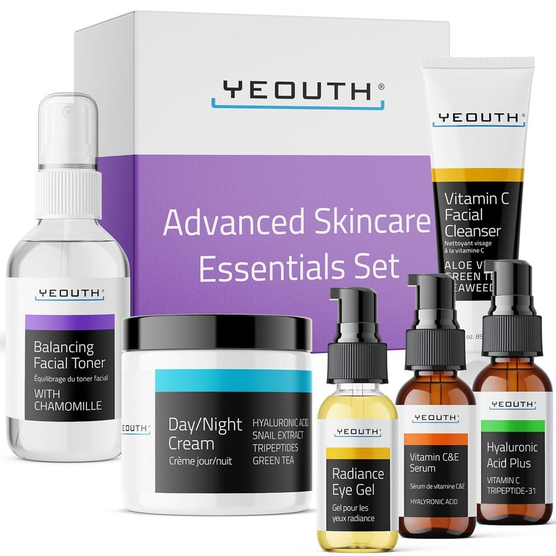 YEOUTH Skin Care Set Hyaluronic Acid Serum Vitamin C Serum Face Cleanser Toner Under Eye Gel Face Cream 6Piece Self Care Gifts For Women  Men