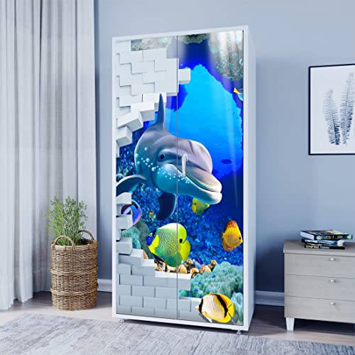 WallDaddy Self Adhesive Almirah Stickers, Wall Stickers, Decorative Sticker Wallpaper for Home Wardrobe Doors (Dolphin Almirah) PVC Vinyl Size Large (39 x 84 Inch) - Image 1