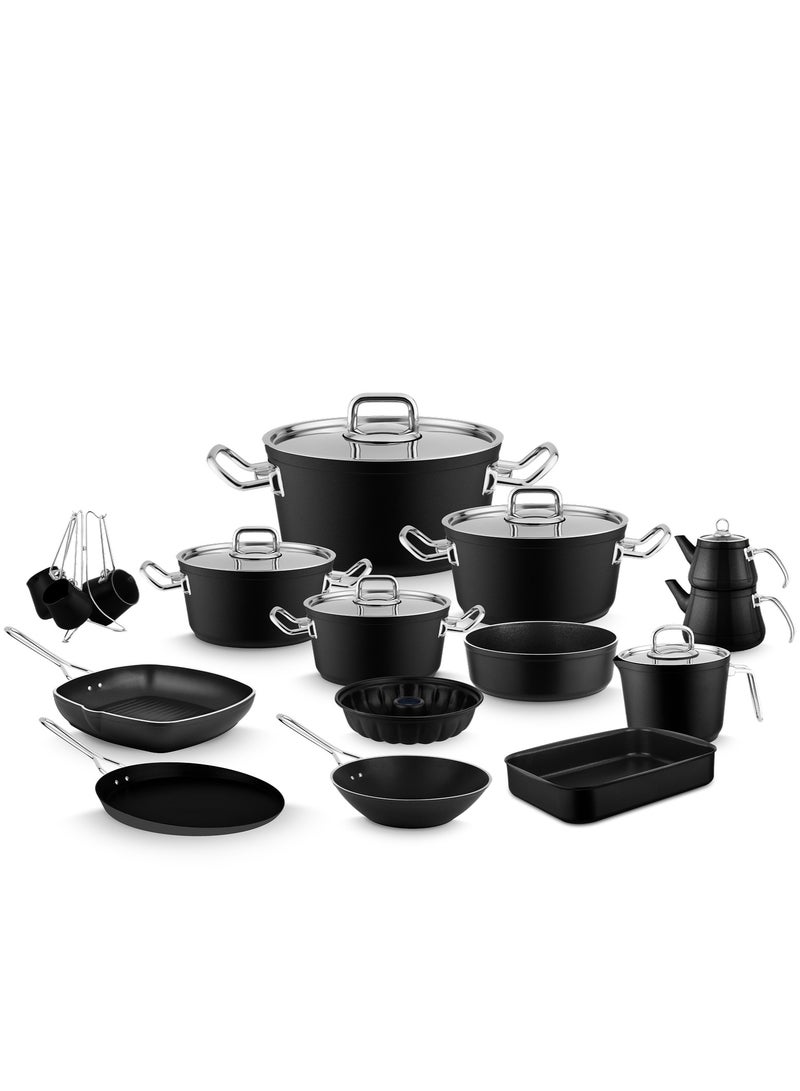 لاينس طقم حلل جرانيت تيفال تركي من لاينز – Lines – طقم 24 قطعة – غطاء ستانلس – مناسب لجميع البوتاجازات – منشأ تركي طقم حلل جرانيت تركي لاينز Lines – طقم 24قطعة – مقاسات 18/20/24/28 + طاسة 26 + ووك 28 + كسرولة 16 + صينية فرن 34.5 سم + جريل مقاس 28 + براد كبير + براد صغير 4 كنكات ستاند – غطاء ستانلس – 8 ألوان - لون black - Image 1