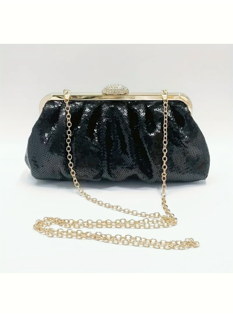 Women's Evening Bag Solid Color Fish Scale Sequins Pleated Clutch Bag Sparkly Handbag Shoulder Bag with Removable Chain, Crossbody Bag for Formal Dress Bride Wedding Prom Party - Image 1