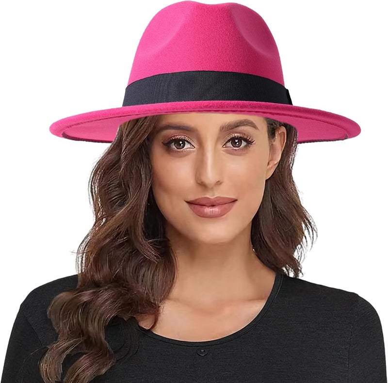 Lanzom Classic Fedora Hats for Women Lady Wide Brim Felt Panama Hat with Belt Buckle - Image 1