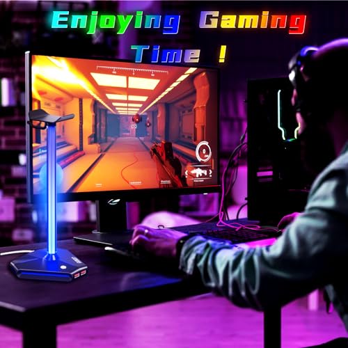 COZOO RGB Headphone Stand with 2 USB2.0 Extension Charging Port Extender Cord,Headset Stand Holder for Gamer Desktop Table Game Earphone Accessories,PC Gaming Accessories for Gamer,Gifts for Boyfriend - Image 4