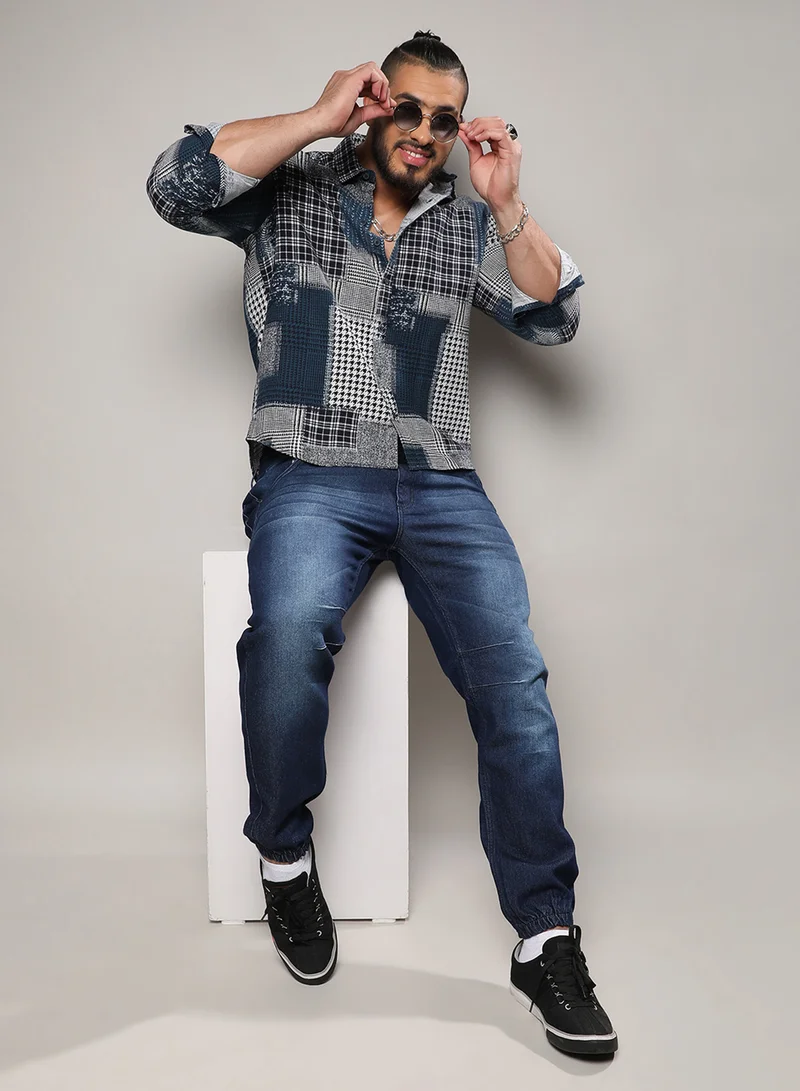 Instafab Plus Instafab Plus Men's Navy Blue Herringbone Block Shirt For Casual Wear | Spread Collar | Long Sleeve | Button Closure | Cotton Shirt Crafted With Comfort Fit For Everyday Wear