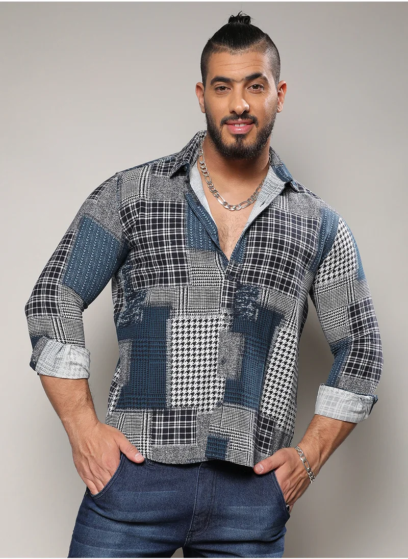Instafab Plus Instafab Plus Men's Navy Blue Herringbone Block Shirt For Casual Wear | Spread Collar | Long Sleeve | Button Closure | Cotton Shirt Crafted With Comfort Fit For Everyday Wear