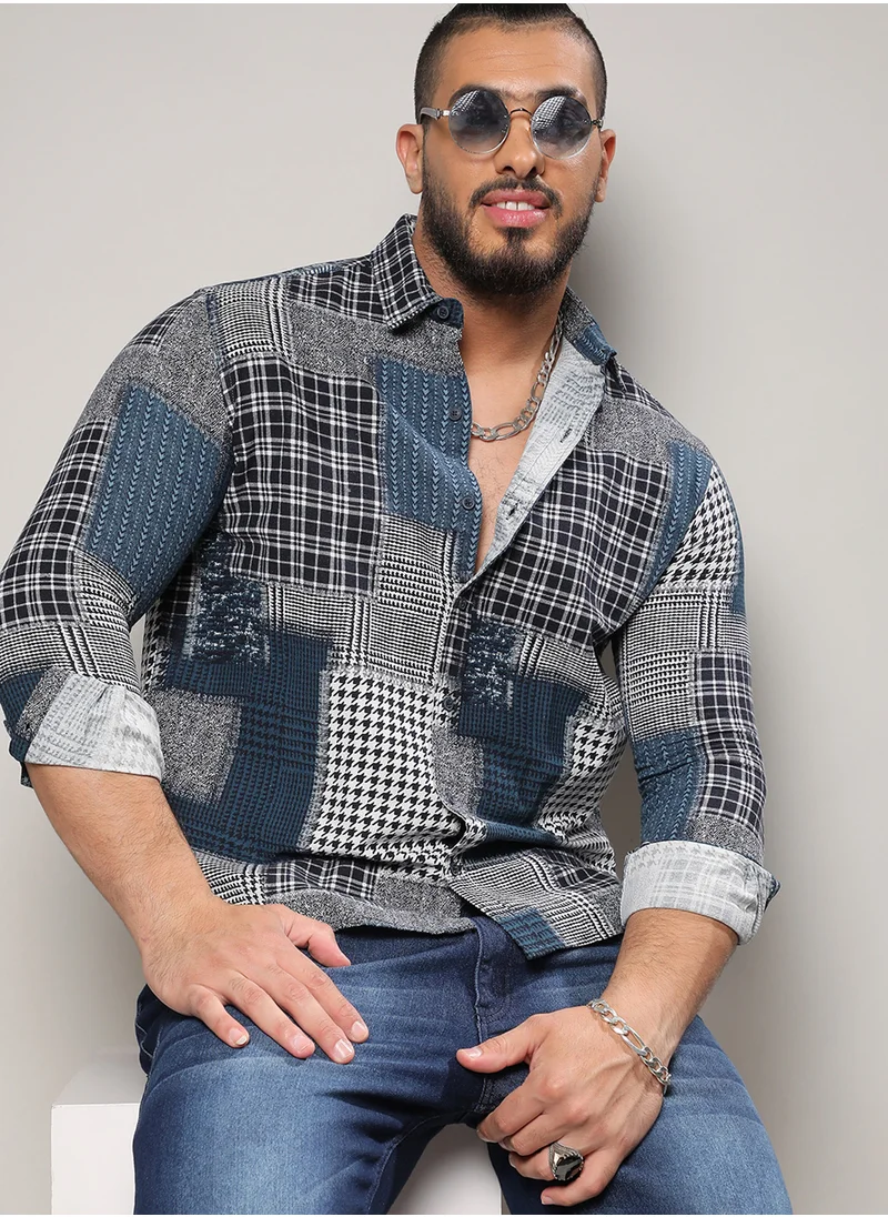 Instafab Plus Instafab Plus Men's Navy Blue Herringbone Block Shirt For Casual Wear | Spread Collar | Long Sleeve | Button Closure | Cotton Shirt Crafted With Comfort Fit For Everyday Wear