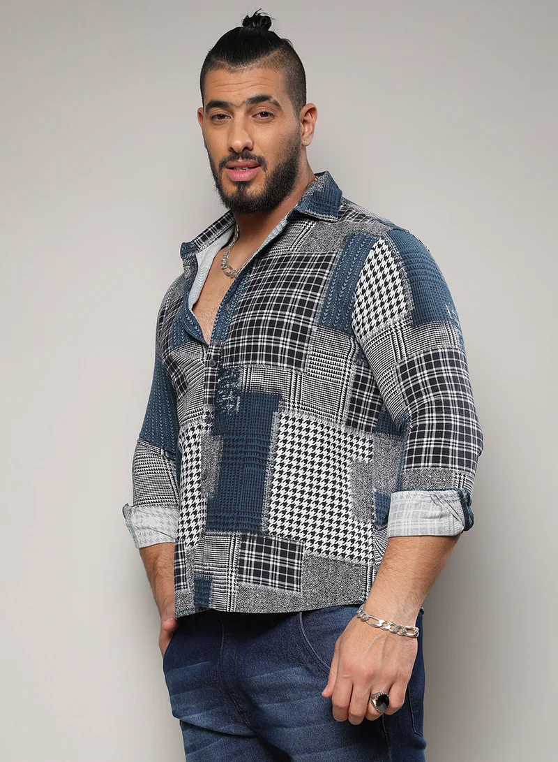 Instafab Plus Instafab Plus Men's Navy Blue Herringbone Block Shirt For Casual Wear | Spread Collar | Long Sleeve | Button Closure | Cotton Shirt Crafted With Comfort Fit For Everyday Wear
