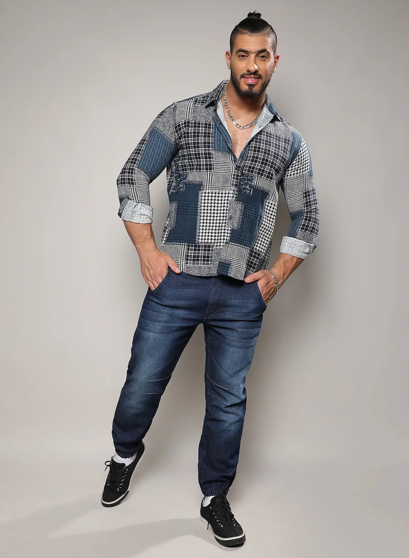 Instafab Plus Instafab Plus Men's Navy Blue Herringbone Block Shirt For Casual Wear | Spread Collar | Long Sleeve | Button Closure | Cotton Shirt Crafted With Comfort Fit For Everyday Wear