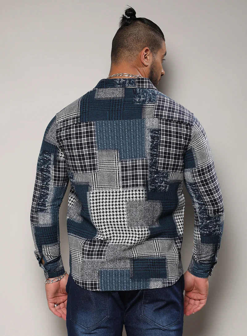 Instafab Plus Instafab Plus Men's Navy Blue Herringbone Block Shirt For Casual Wear | Spread Collar | Long Sleeve | Button Closure | Cotton Shirt Crafted With Comfort Fit For Everyday Wear