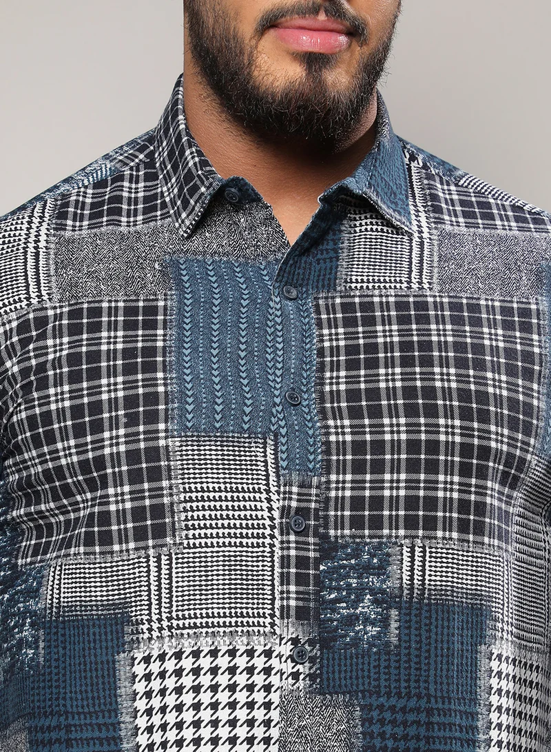 Instafab Plus Instafab Plus Men's Navy Blue Herringbone Block Shirt For Casual Wear | Spread Collar | Long Sleeve | Button Closure | Cotton Shirt Crafted With Comfort Fit For Everyday Wear