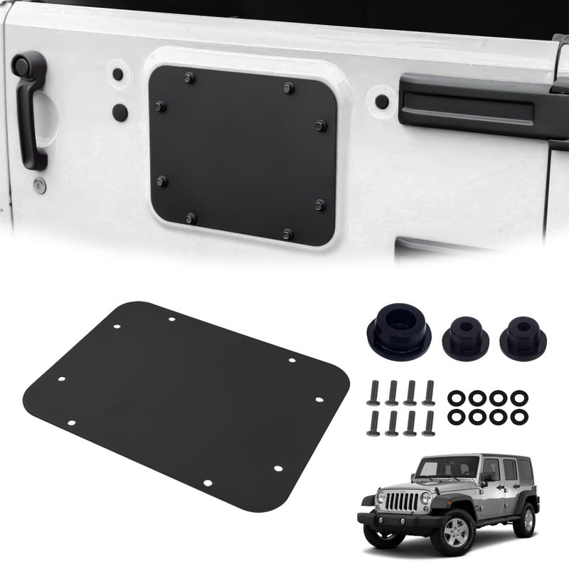 Phamyor Aluminum Spare Tire Carrier Delete Filler Plate with Bolts & Durable Rubber Plugs Set Fit for 2007-2018 Jeep Wrangler JK JKU, Tailgate Vent Plate Cover, Black, Flat - Image 1