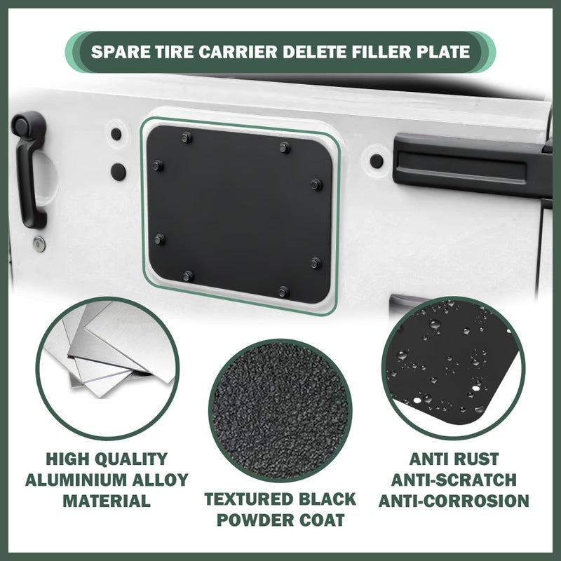Phamyor Aluminum Spare Tire Carrier Delete Filler Plate with Bolts & Durable Rubber Plugs Set Fit for 2007-2018 Jeep Wrangler JK JKU, Tailgate Vent Plate Cover, Black, Flat - Image 5