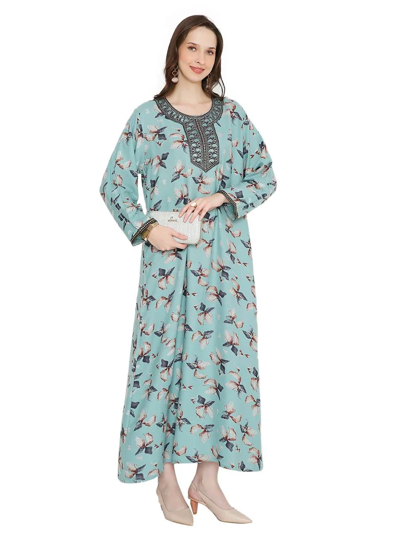 HANA & SARA FLORAL PRINTED WITH SMALL STONE WORK ON EMBROIDERY STYLISH FARASHA KAFTAN JALABIYA DRESSES