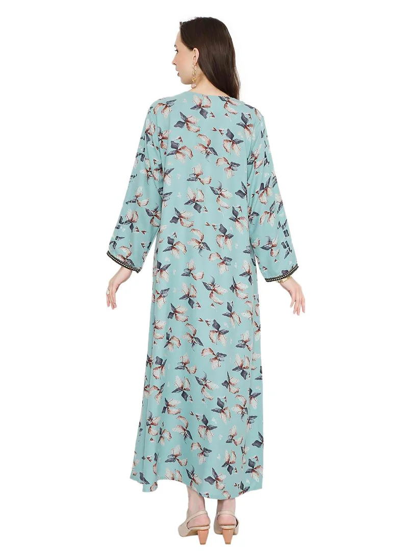 HANA & SARA FLORAL PRINTED WITH SMALL STONE WORK ON EMBROIDERY STYLISH FARASHA KAFTAN JALABIYA DRESSES
