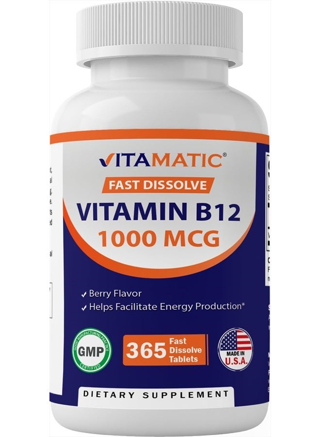 Vitamatic Vitamin B12 1000 mcg Fast Dissolve 365 Tablets - Berry Flavor - Supports Energy Metabolism - Image 1
