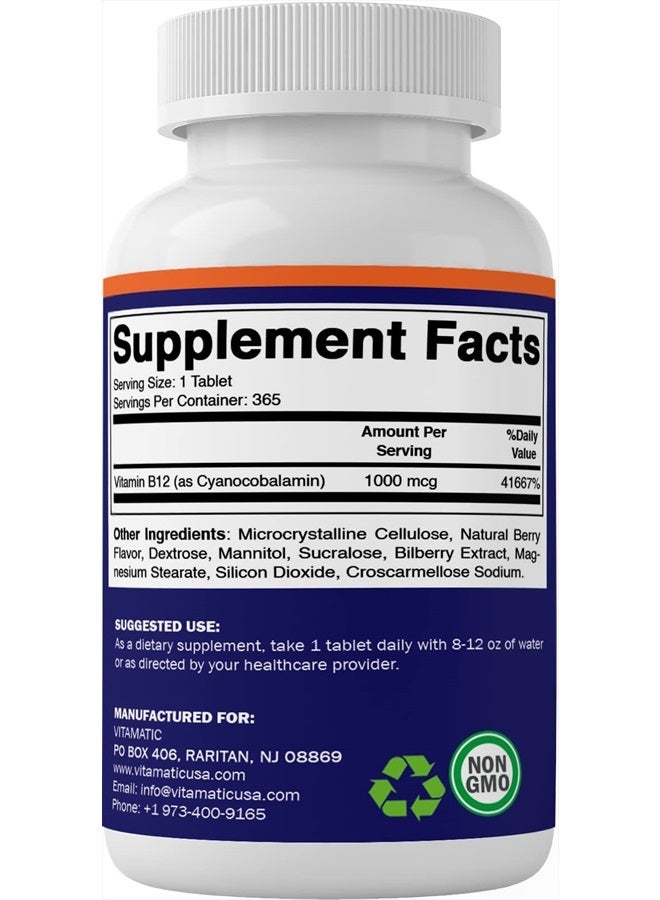 Vitamatic Vitamin B12 1000 mcg Fast Dissolve 365 Tablets - Berry Flavor - Supports Energy Metabolism - Image 5