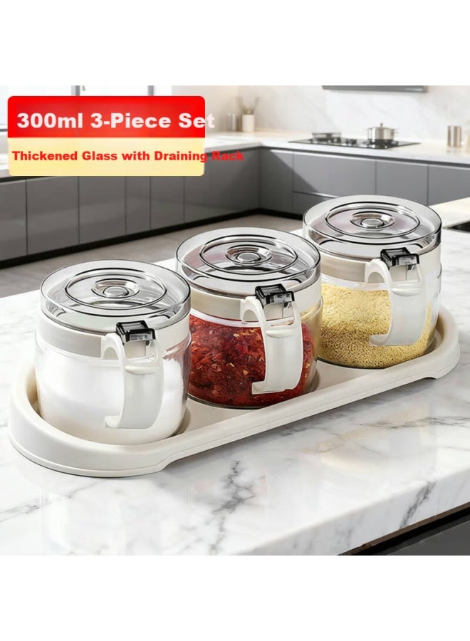 Mengting Seasoning Box Set, Spice Jars, Glass Salt Shakers For Home Use, 3-piece Set (with Spoons And Tray) - Image 1