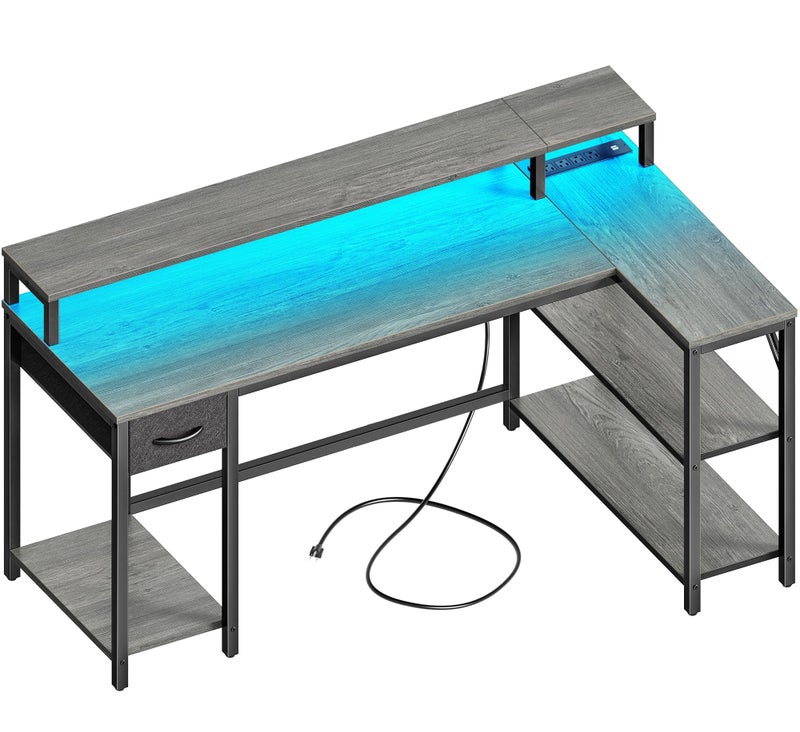 مكتب سوبرجار بزاوية L قابل للعكس بحجم 53 بوصة مع أضواء LED ومخارج طاقة ومكتب كمبيوتر مع رفوف وحامل شاشة ومكتب ألعاب مع درج لمكتب المنزل وزاوية باللون الرمادي