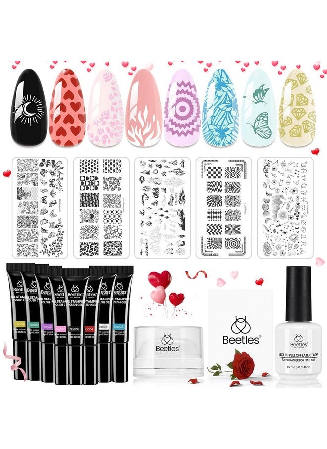 beetles Gel Polish - Beetles Nail Stamp Gel 16Pcs French Tip Nail Stamp Kit with 8 Colors Stamper Gel Polish, 5 Nail Stamping Templates, Scrapers, Liquid Latex & Short Silicone Stamper Valentine's Day Gift for Women - Image 1