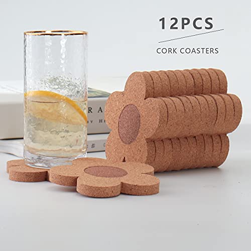 leean 12PCS 3/8" Thick Cork Coasters for Drinks,Absorbent and Reusable Coaster Set 100% Natural Cork 4 inch Flower Shape Farmhouse Rustic Wood Drink Coasters Bulk Cork Coasters for Desk and Glass Table - Image 2