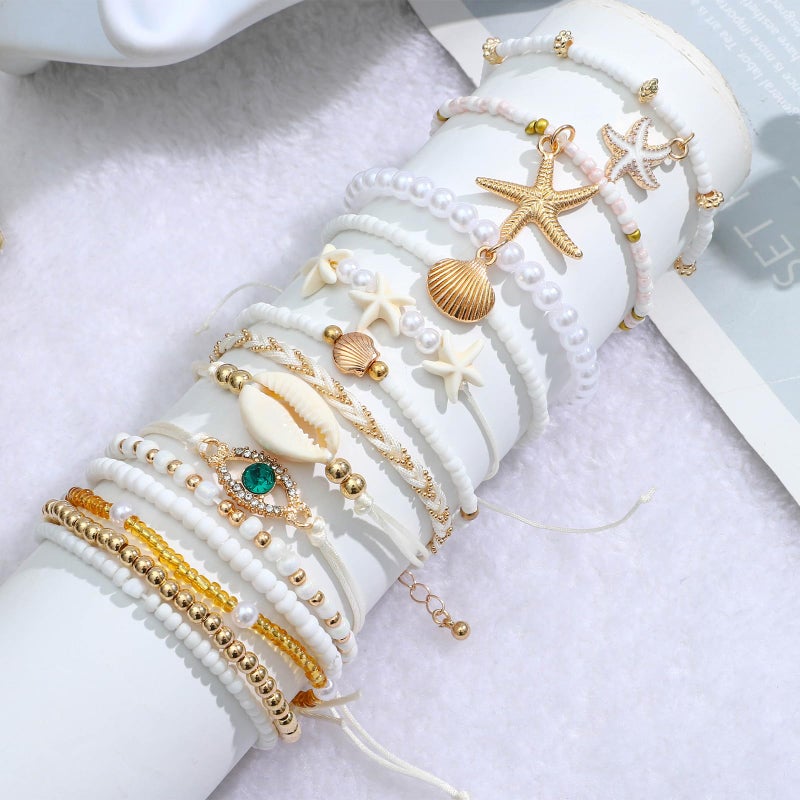 NEWITIN 49 Pieces Gold Jewelry Set for Women Boho Beach Jewelry Set Summer Ocean Seashell Starfish Necklaces Bracelets Toe Rings Earrings for Women - Image 3