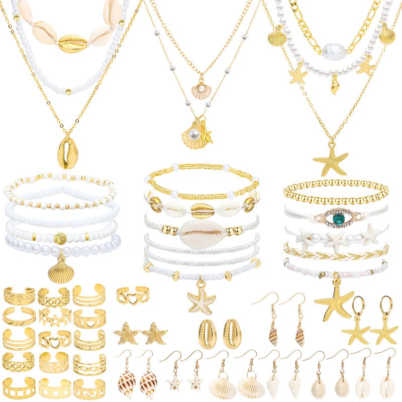 NEWITIN 49 Pieces Gold Jewelry Set for Women Boho Beach Jewelry Set Summer Ocean Seashell Starfish Necklaces Bracelets Toe Rings Earrings for Women - Image 1