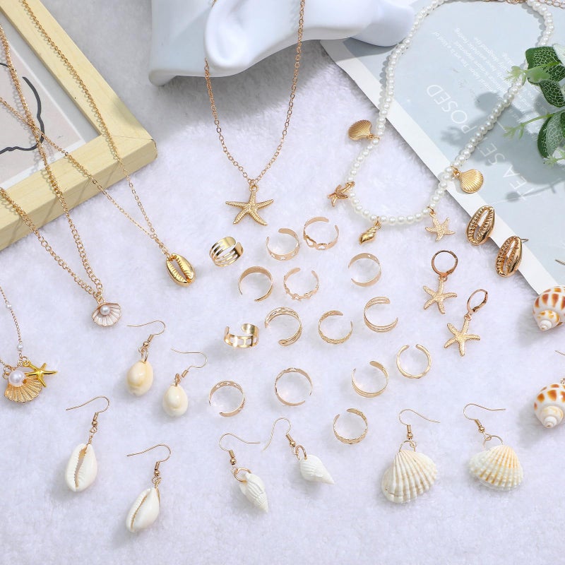 NEWITIN 49 Pieces Gold Jewelry Set for Women Boho Beach Jewelry Set Summer Ocean Seashell Starfish Necklaces Bracelets Toe Rings Earrings for Women - Image 2