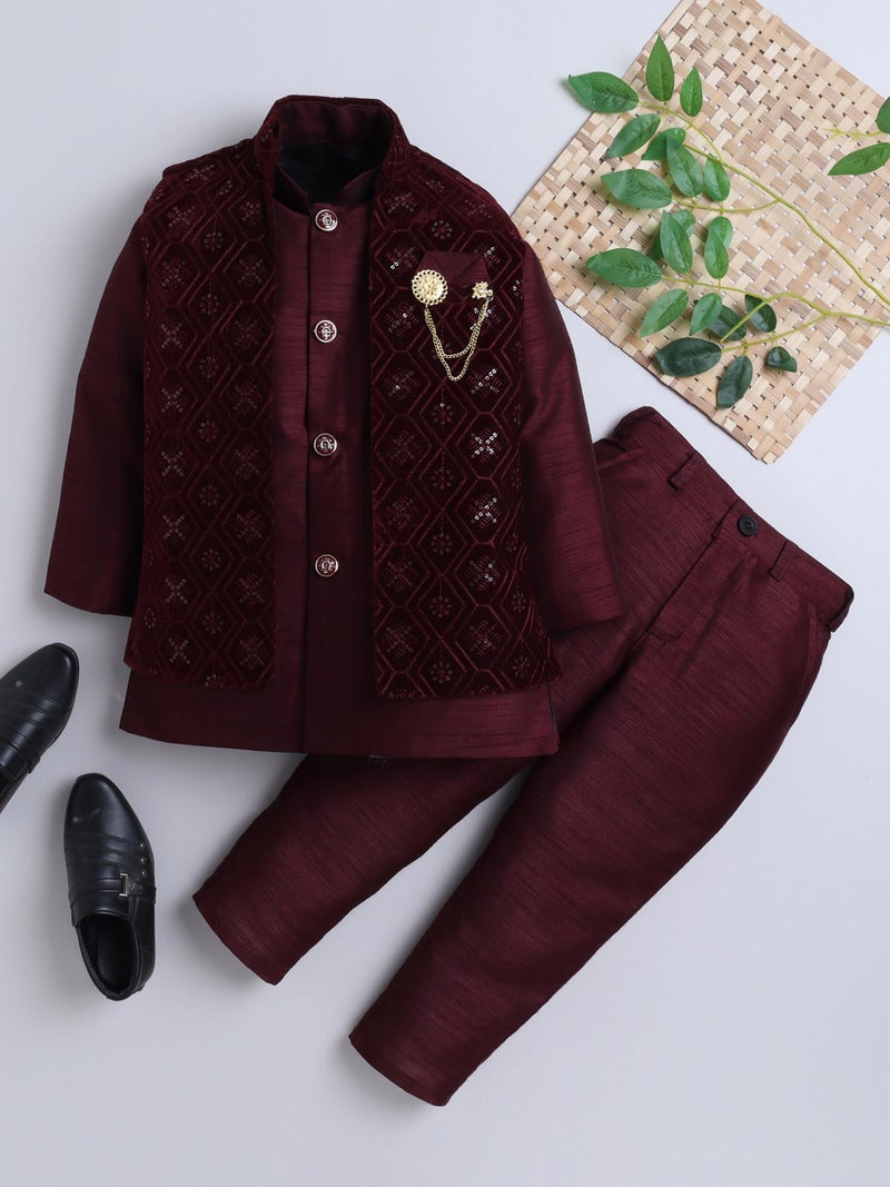 AHHAAAA Boy's Velvet 3-Piece Indo-Western Set|Kids Sequin Embellished Work, Velvet Sherwani Set|Ideal for any Festivals/Weddings Occasion|Wine, 6-7 Years| - Image 2