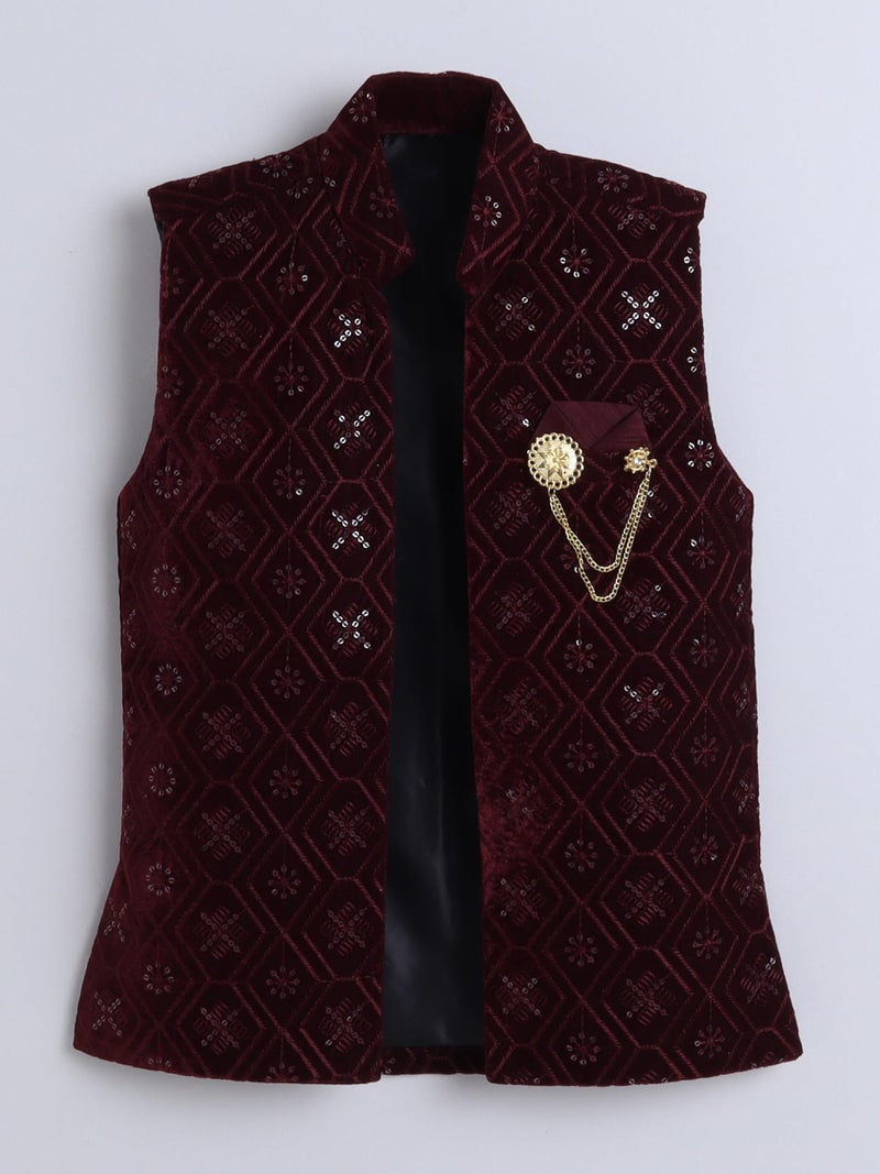 AHHAAAA Boy's Velvet 3-Piece Indo-Western Set|Kids Sequin Embellished Work, Velvet Sherwani Set|Ideal for any Festivals/Weddings Occasion|Wine, 6-7 Years| - Image 3