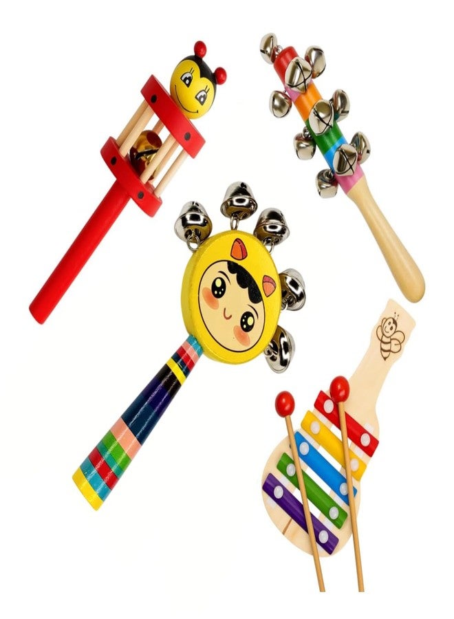 Bloombec Wooden Non Toxic Colourful Rattle Toys for Newborn Baby, Musical Infant Toy, 3 Rattles and 1 Xylophone, Gift Set Age 0+ (Set of 4, Multicolor) - Image 1