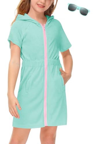 BesserBay Girl's Zip Up Terry Cover Up Hooded Swimsuit with Pockets, Includes Sunglasses for Swimming & Bath 6-14 Years - Image 1