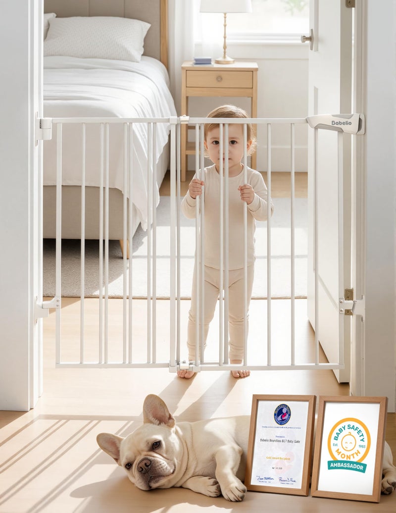 Babelio Baby Gate for Stairs, Kitchen & Doorways, No Bottom Bar| Easy Installation| One-Handed Operation| Auto-Close| Hardware Mount (Drill Needed) Safety Dog Gate (White - B17, 24-39" W, 28" H) - Image 1