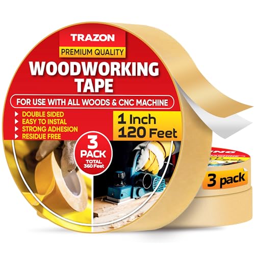Trazon Double Sided Woodworking Tape Super Strong, 3 Pack, 1 Inch x 120 Feet, Wood Crafter Sticky Tool, Two Side Adhesive for Router Templates and CNC Machine, Removable & Residue Free - Image 1