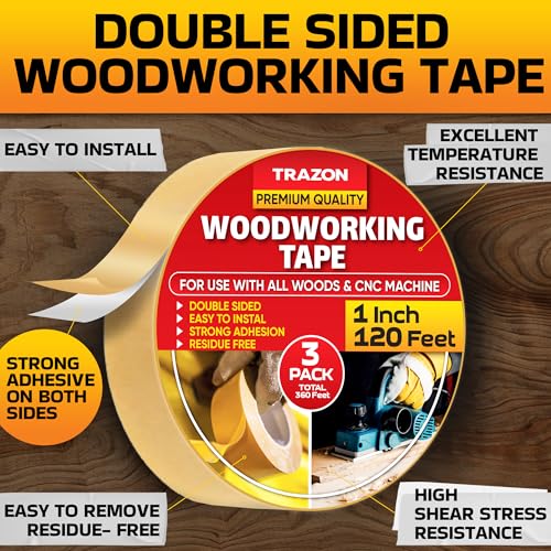 Trazon Double Sided Woodworking Tape Super Strong, 3 Pack, 1 Inch x 120 Feet, Wood Crafter Sticky Tool, Two Side Adhesive for Router Templates and CNC Machine, Removable & Residue Free - Image 2
