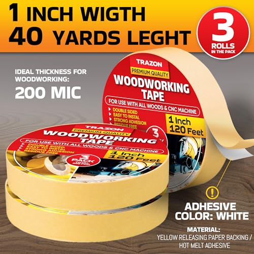 Trazon Double Sided Woodworking Tape Super Strong, 3 Pack, 1 Inch x 120 Feet, Wood Crafter Sticky Tool, Two Side Adhesive for Router Templates and CNC Machine, Removable & Residue Free - Image 3
