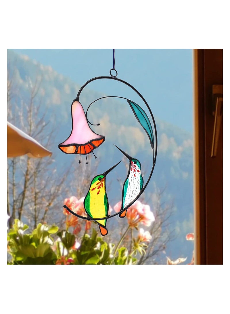 Captaintech Hummingbird with Flower, Home Decoration Stained Glass Hummingbird with Flower, Stained Glass Suncatcher Window Hangings Hummingbird Gift for Home Decor, Green, 1 Pair - Image 2