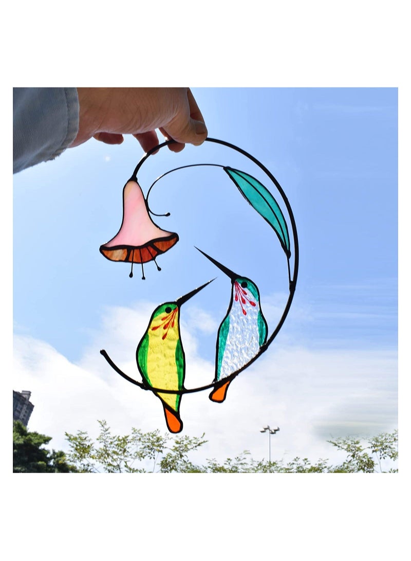 Captaintech Hummingbird with Flower, Home Decoration Stained Glass Hummingbird with Flower, Stained Glass Suncatcher Window Hangings Hummingbird Gift for Home Decor, Green, 1 Pair - Image 4