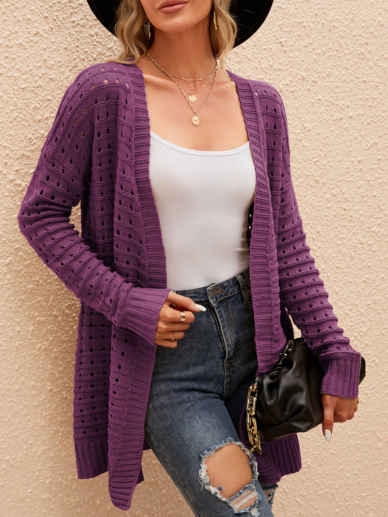 Open Front Cardigan X-Large Purple 100% Acrylic Soft Loose Fit - Breathable Hollow Out Design Ribbed Trim Drop Shoulder Long Sleeve for Casual Daily Wear - Image 4