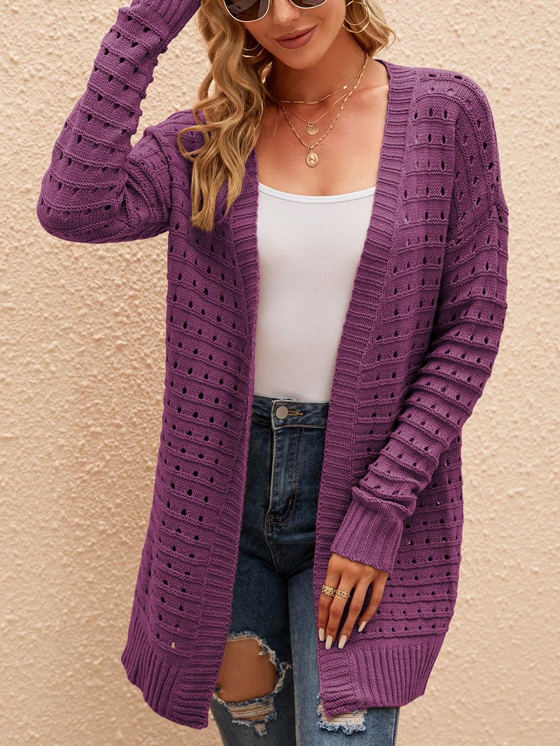 Open Front Cardigan X-Large Purple 100% Acrylic Soft Loose Fit - Breathable Hollow Out Design Ribbed Trim Drop Shoulder Long Sleeve for Casual Daily Wear - Image 3