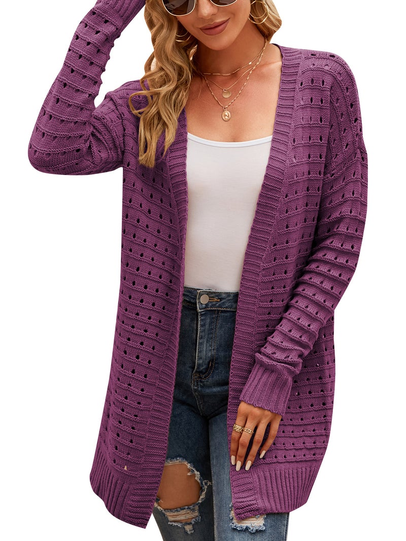 Open Front Cardigan X-Large Purple 100% Acrylic Soft Loose Fit - Breathable Hollow Out Design Ribbed Trim Drop Shoulder Long Sleeve for Casual Daily Wear - Image 1
