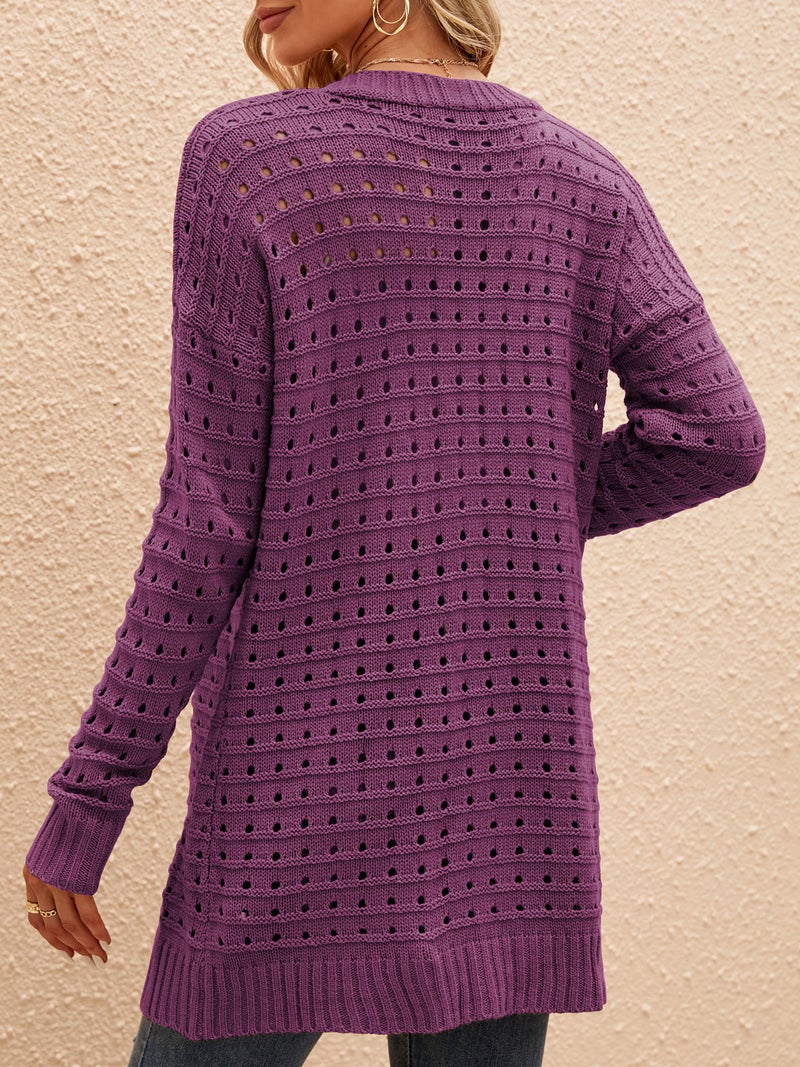 Open Front Cardigan X-Large Purple 100% Acrylic Soft Loose Fit - Breathable Hollow Out Design Ribbed Trim Drop Shoulder Long Sleeve for Casual Daily Wear - Image 2