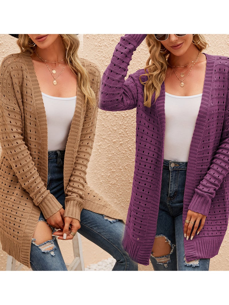 Open Front Cardigan X-Large Purple 100% Acrylic Soft Loose Fit - Breathable Hollow Out Design Ribbed Trim Drop Shoulder Long Sleeve for Casual Daily Wear - Image 5