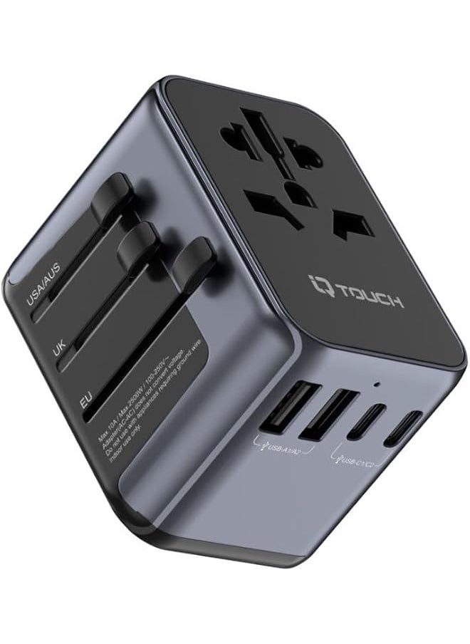 IQ TOUCH IQ TOUCH 6-in-1 International Travel Adapter, 30W GaN Multi Socket, 3-Ports USB-C, 2-Ports USB-A, Travel & Wall Plug, US/AU/UK/EU plug compatibility, LED Indicator, Black  - Image 1
