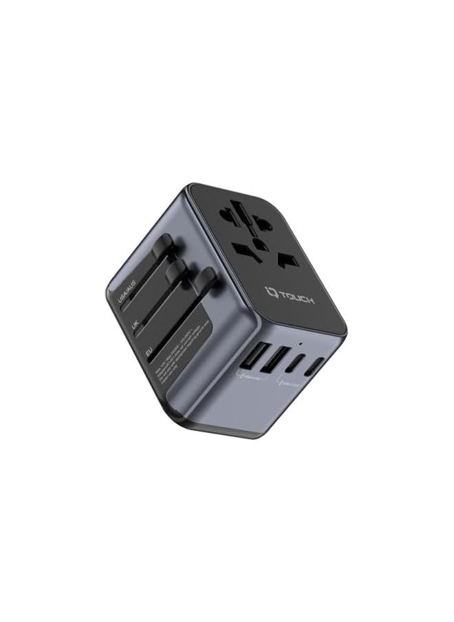IQ TOUCH IQ TOUCH 6-in-1 International Travel Adapter, 30W GaN Multi Socket, 3-Ports USB-C, 2-Ports USB-A, Travel & Wall Plug, US/AU/UK/EU plug compatibility, LED Indicator, Black  - Image 2